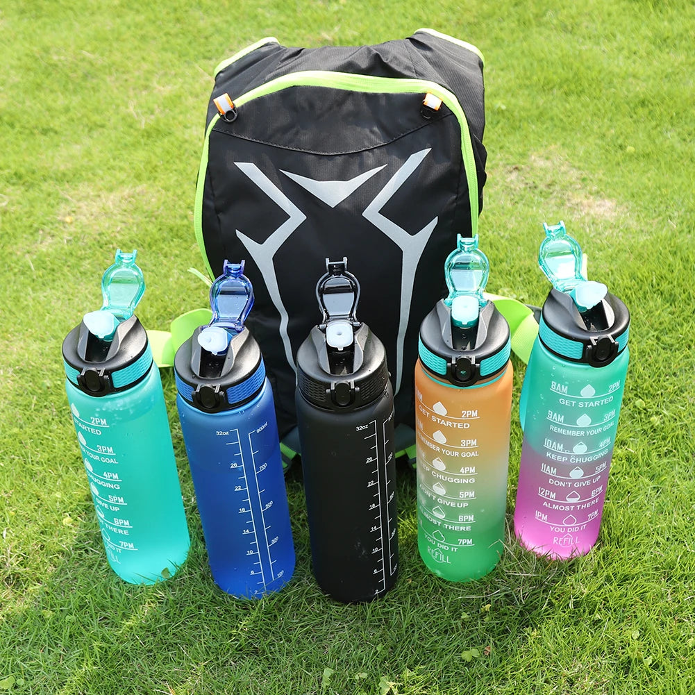 1000Ml Sports Water Bottle With Straw Time Marker Outdoor Camping