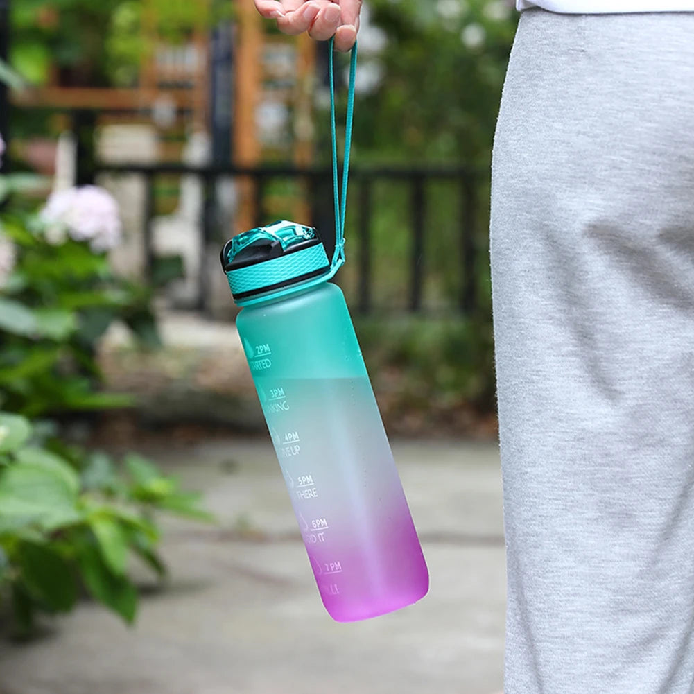 1000Ml Sports Water Bottle With Straw Time Marker Outdoor Camping