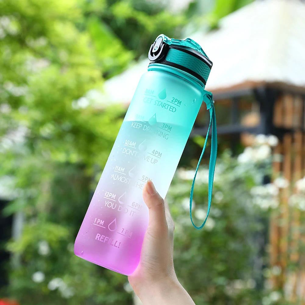 1000Ml Sports Water Bottle With Straw Time Marker Outdoor Camping