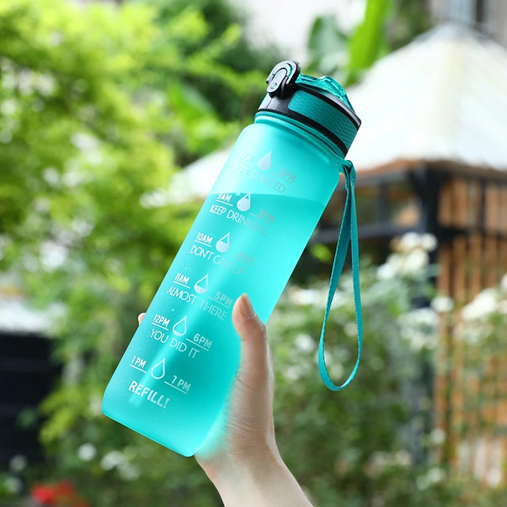 1000Ml Sports Water Bottle With Straw Time Marker Outdoor Camping