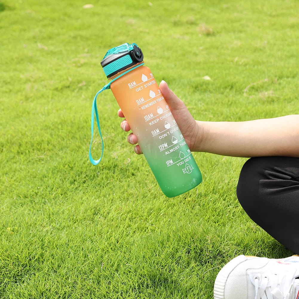1000Ml Sports Water Bottle With Straw Time Marker Outdoor Camping