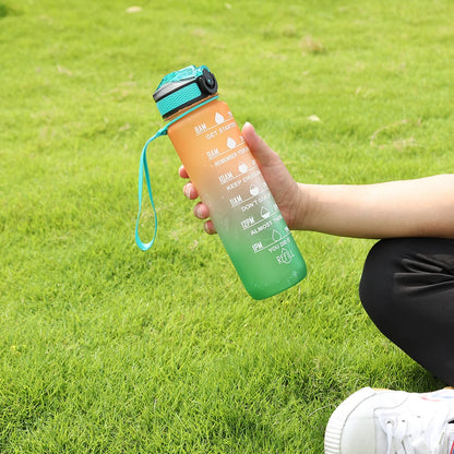 1000Ml Sports Water Bottle With Straw Time Marker Outdoor Camping