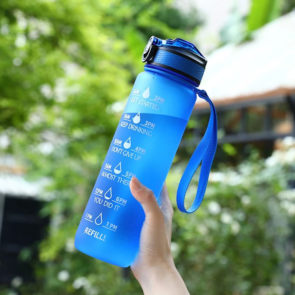 1000Ml Sports Water Bottle With Straw Time Marker Outdoor Camping